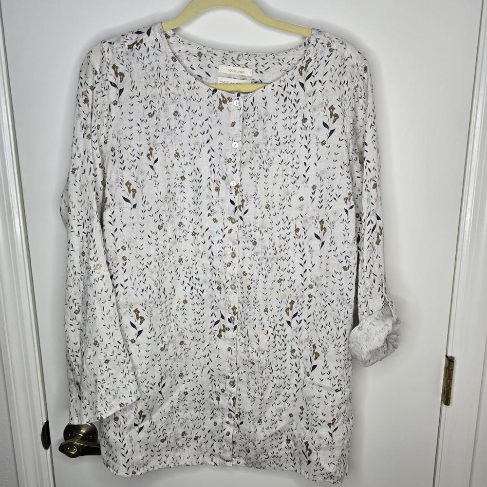 Cynthia Rowley Cream and Brown Floral Vine Patterned Button-Down Shirt 1X